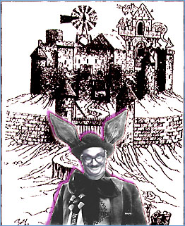Michael Rubel as the Easter Bunny, stands in front of an ink drawing of Rubel Pharms by Sally McHann.