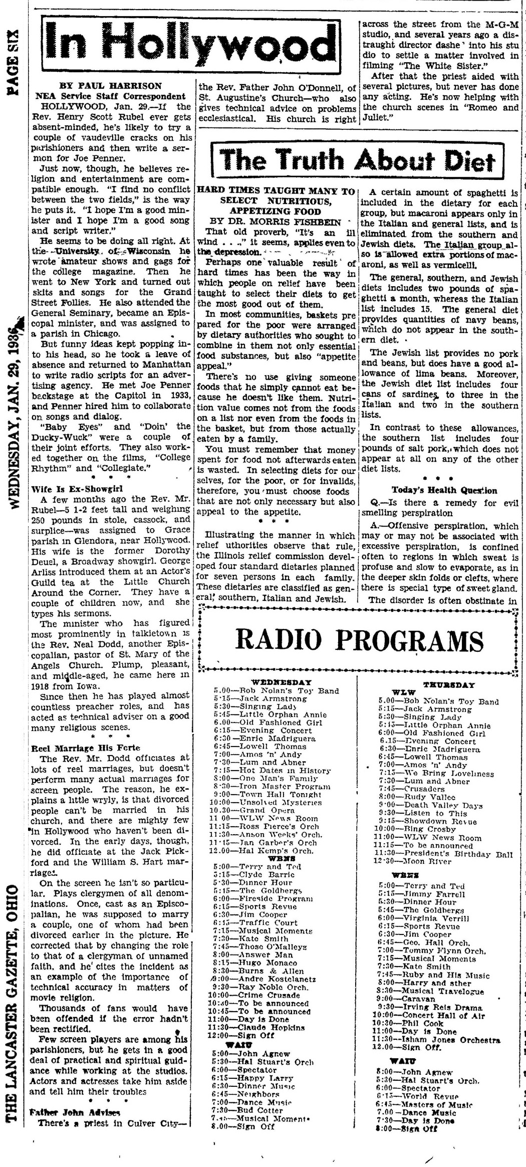 Pastor's Wife is Ex-Showgirl, about Hal Raynor and Dorothy Deuel