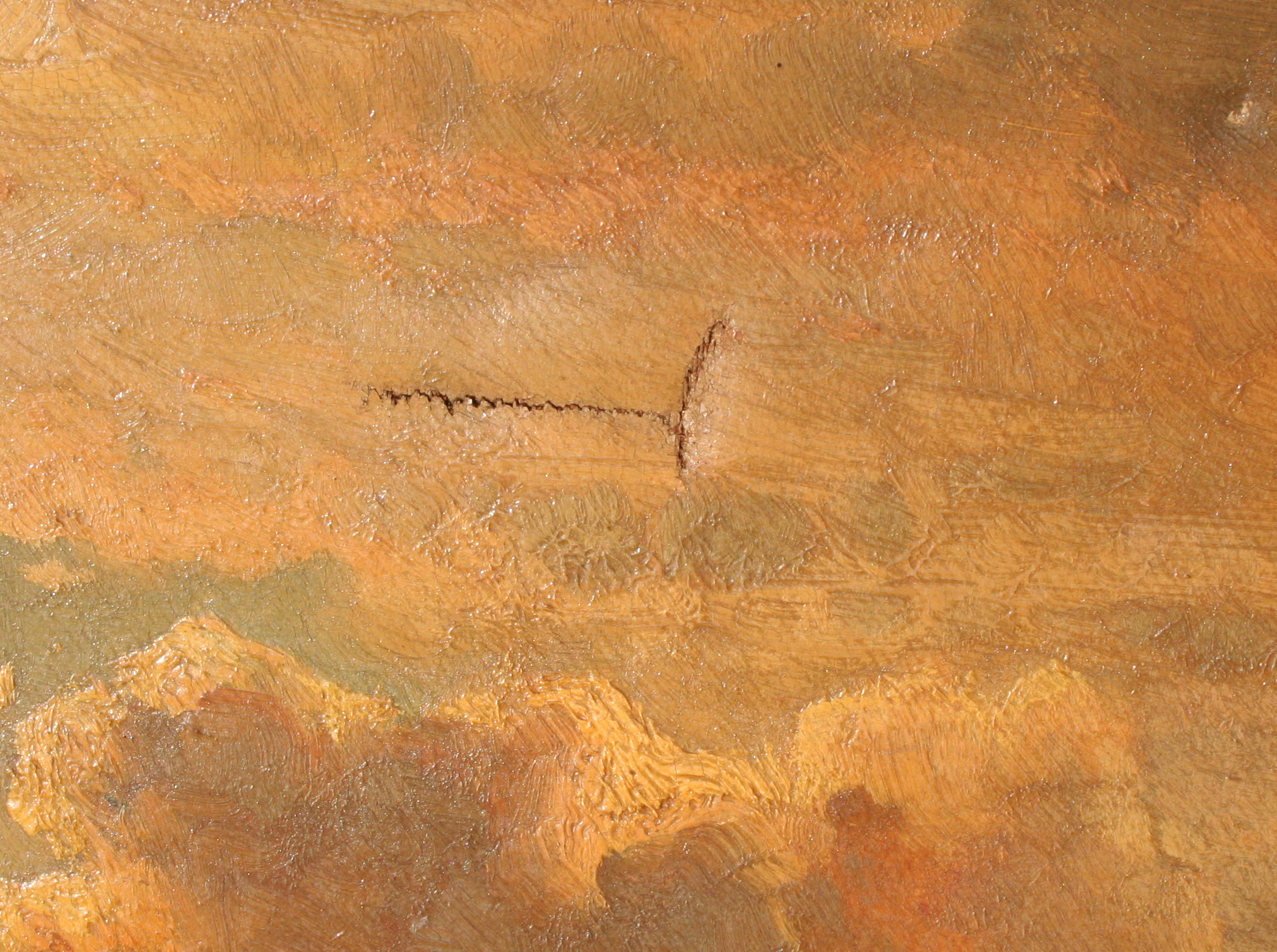 Painting of ships has three wounds. My father says he does not know how they got there and were there since he was a child in 1933.